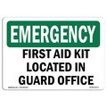 Signmission OSHA EMERGENCY Sign, First Aid Kit Located In Guard Office, 10in X 7in Alum, 7" W, 10" L, Landscape OS-EM-A-710-L-10373